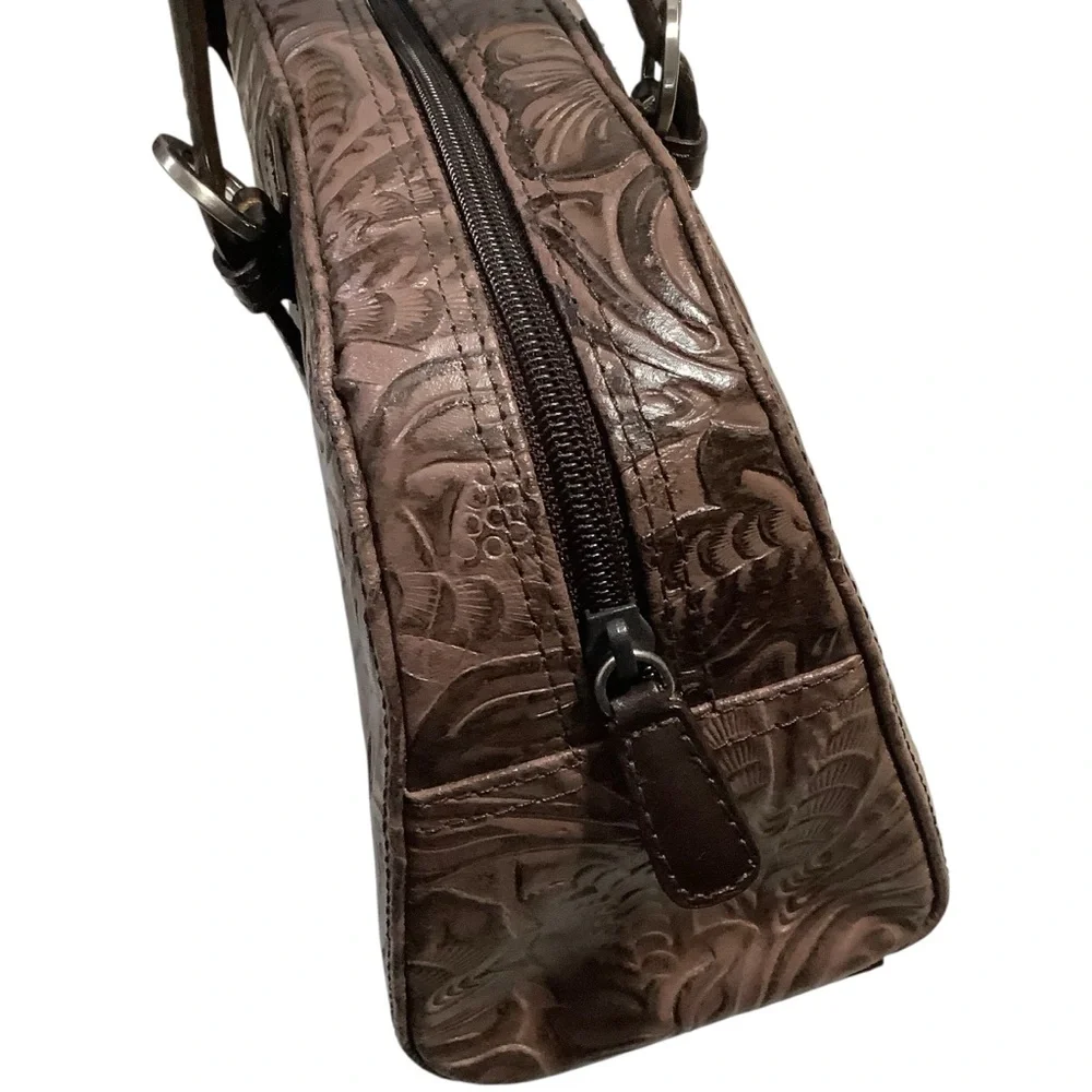 Valerie Stevens Vtg Genuine Leather Tooling Around Brown Embossed Handbag Rare - Picture 7 of 12